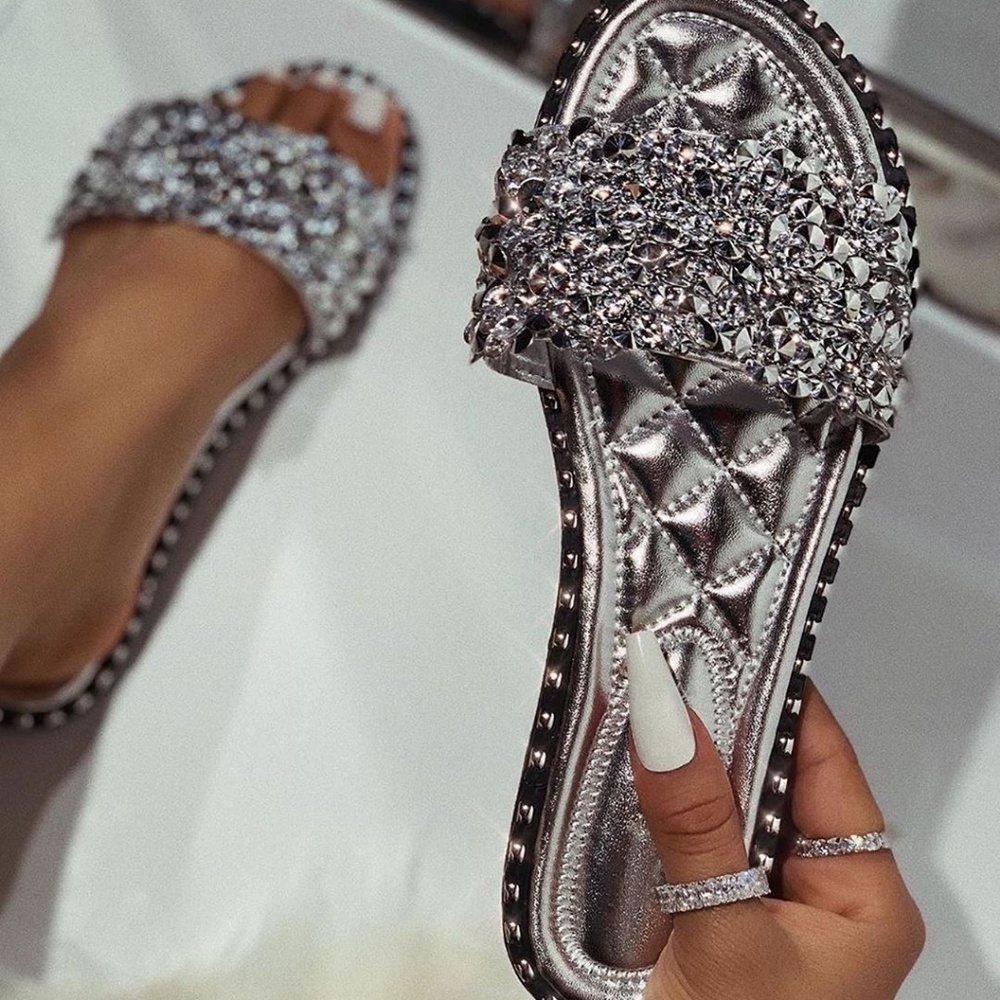 Rhinestone Sequin Embellished Platinum Slides